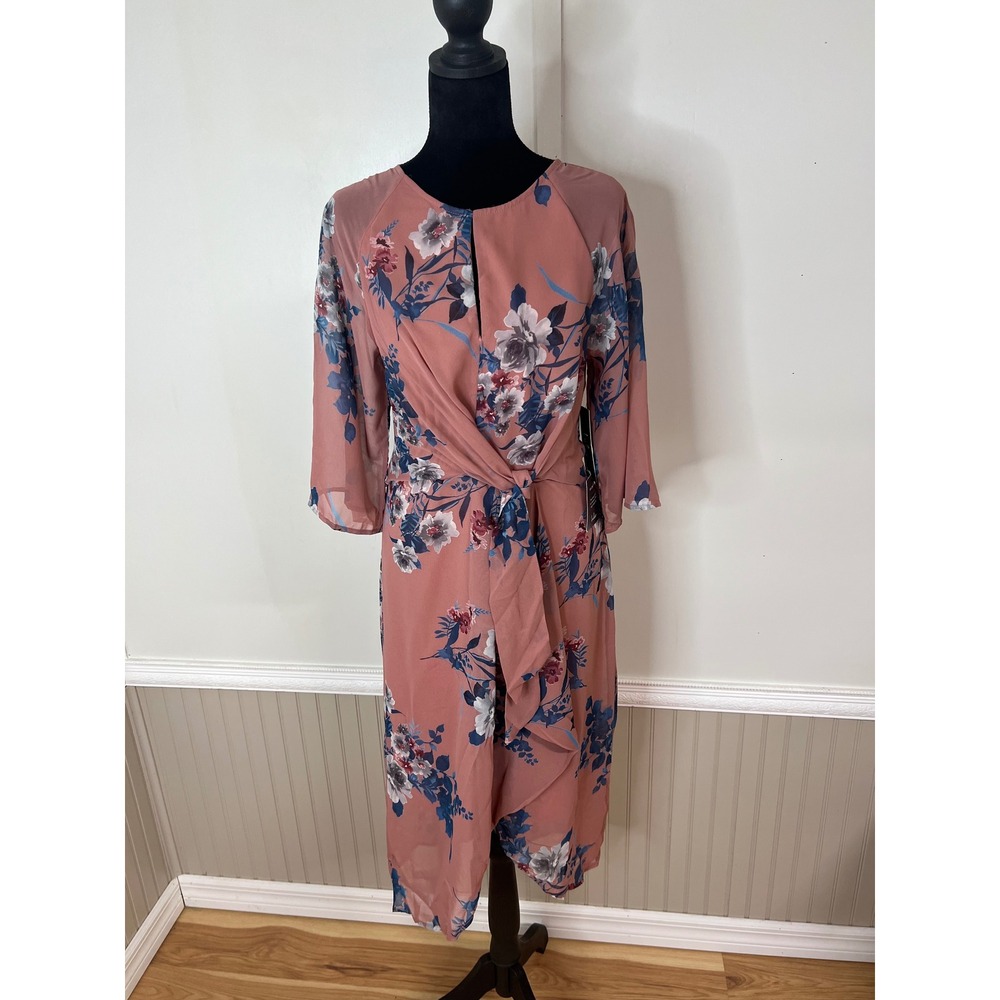 Lulus Dusty Rose Floral Faux Wrap Midi Dress Tie Front Keyhole Small NEW